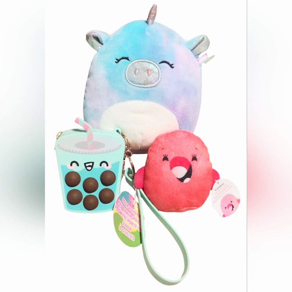 Squishmallows Aurora The Tie-dye Unicorn 5'' Keychain Boba Coin Purse Bundle